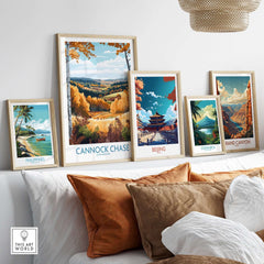 Cannock Chase Travel Poster among framed travel posters in a stylish home setting, showcasing stunning landscapes.