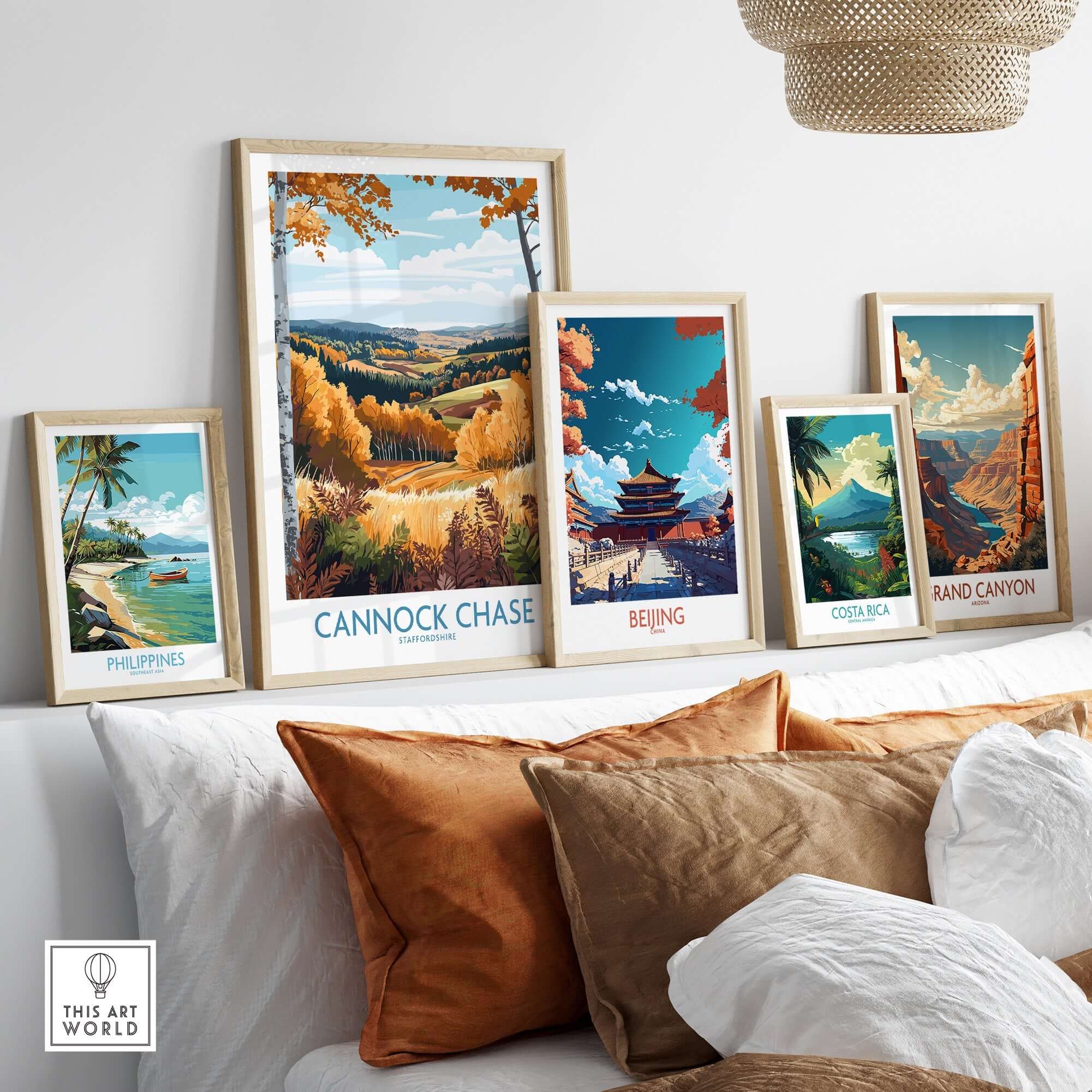 Cannock Chase Travel Poster among framed travel posters in a stylish home setting, showcasing stunning landscapes.