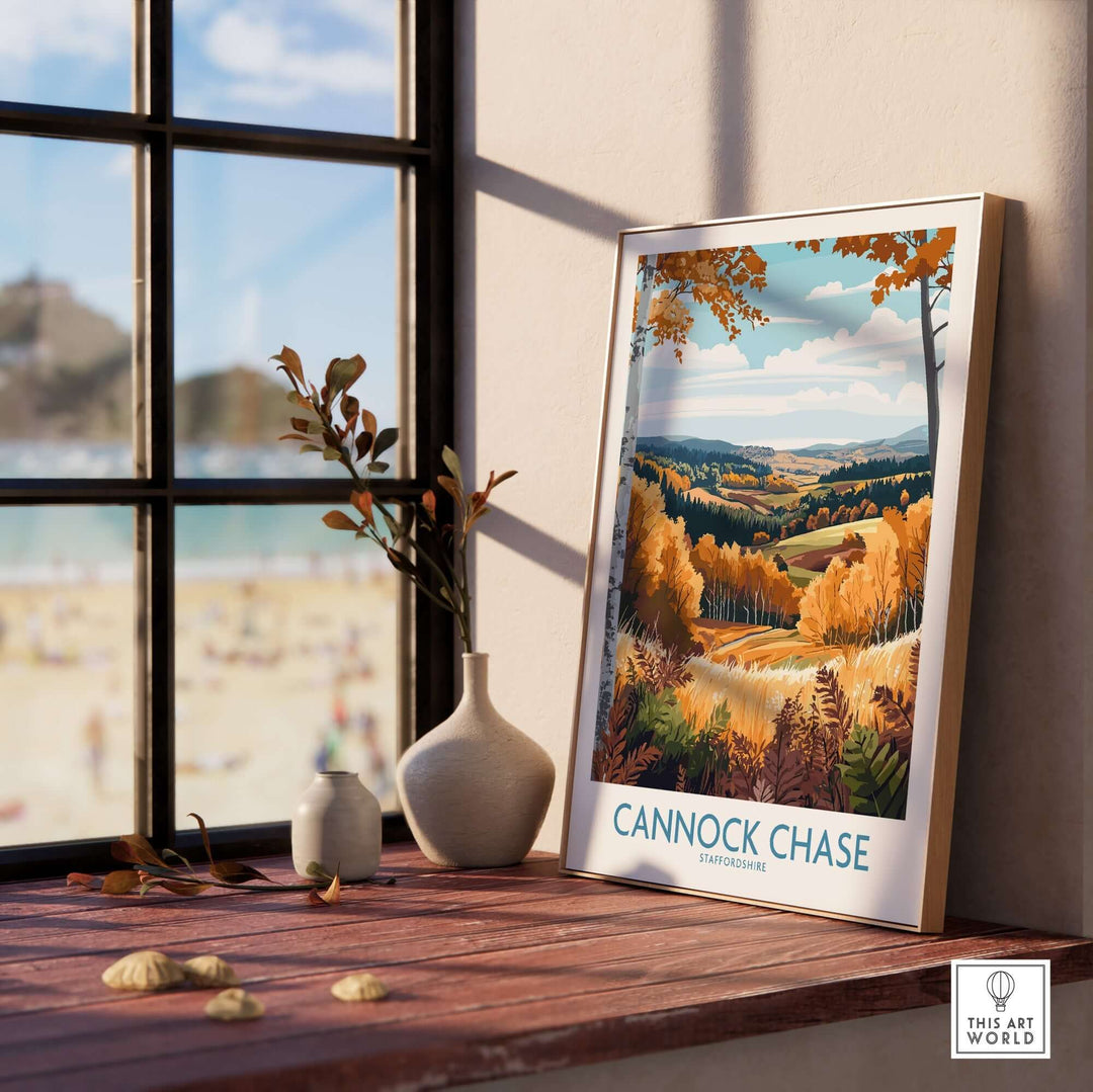 Cannock Chase travel poster showcasing vibrant autumn landscape, framed on a windowsill with plants. Perfect for nature lovers.