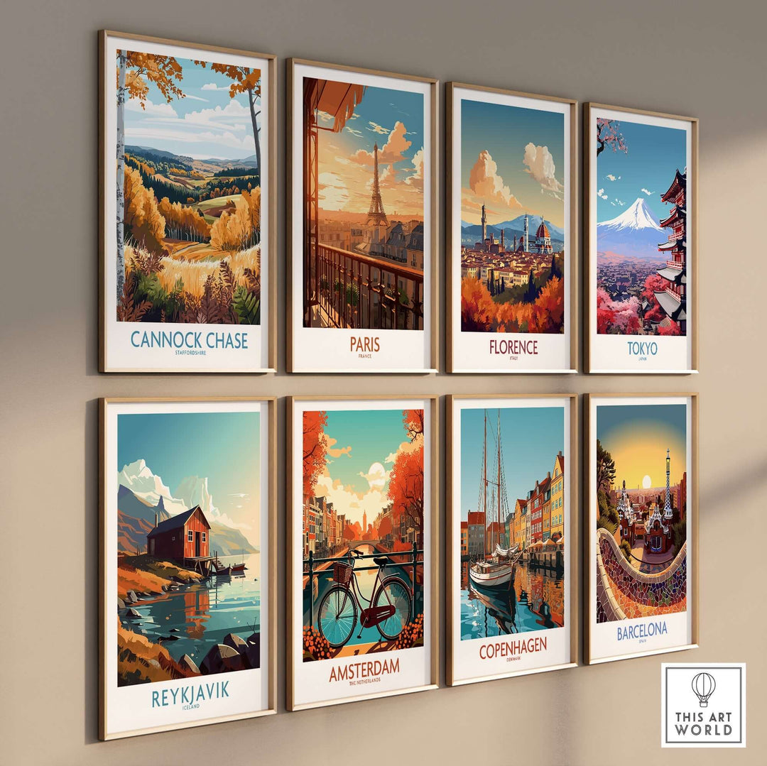 Cannock Chase travel poster displayed among other city travel posters, showcasing vibrant landscapes and iconic landmarks.