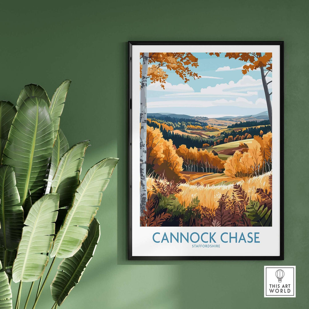 Cannock Chase travel poster showcasing autumn landscape in Staffordshire, framed and displayed with indoor plants.