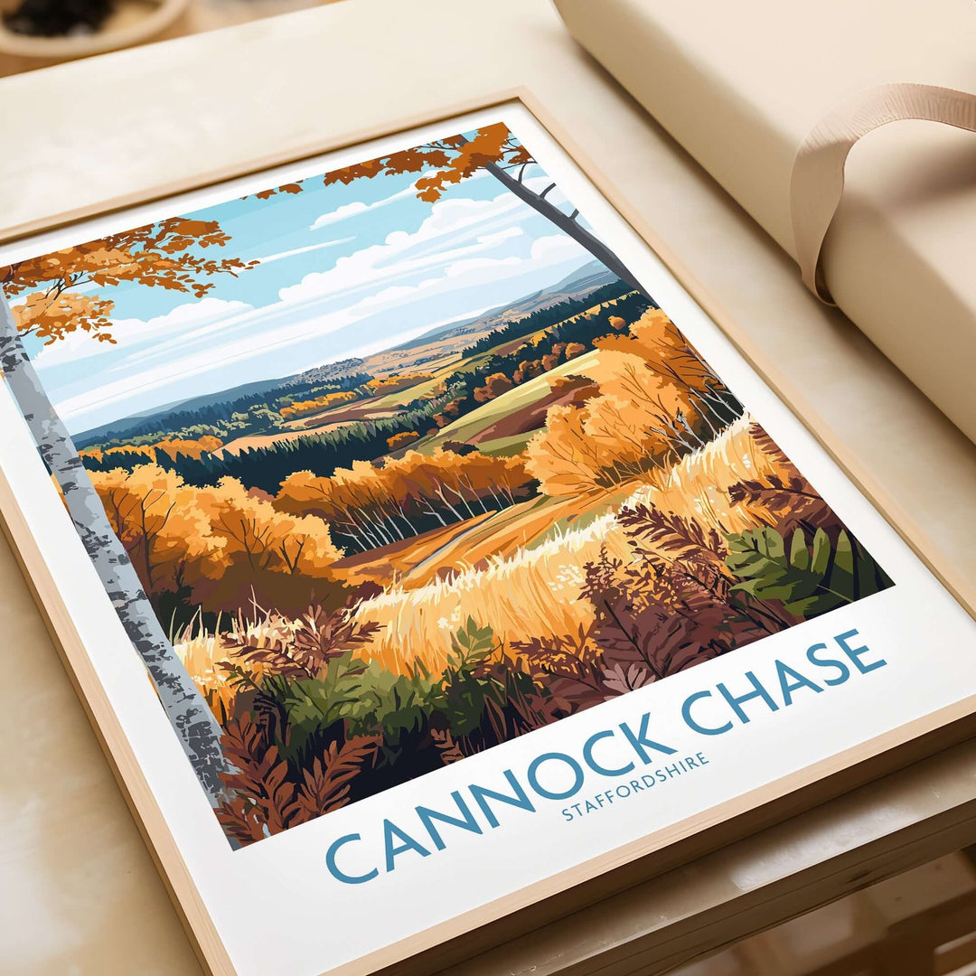 Cannock Chase travel poster showcasing vibrant autumn landscape and greenery, perfect for nature lovers.