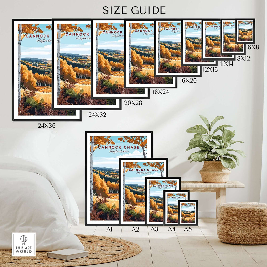 Size guide showcasing Cannock Chase travel print options in various dimensions for home decor.