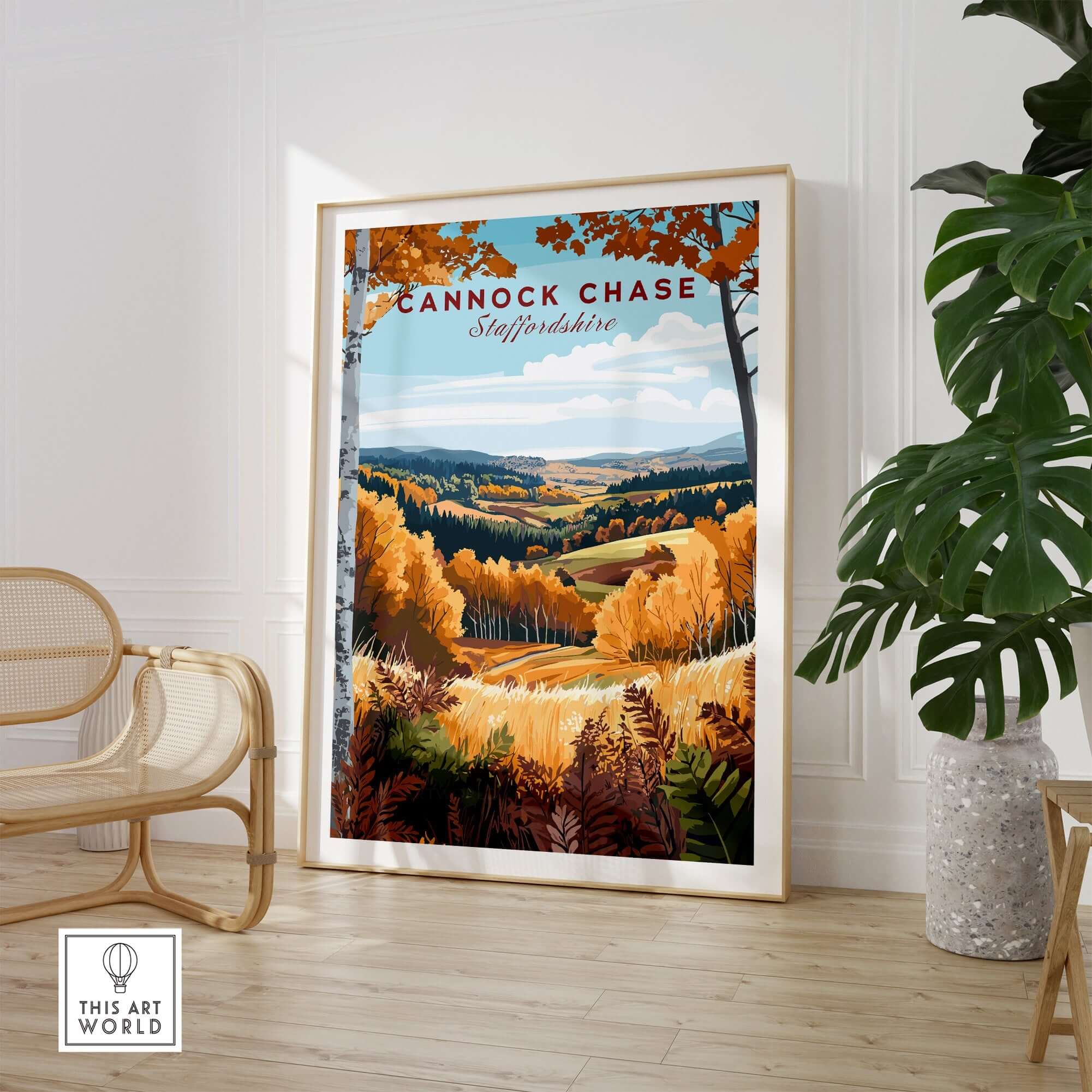 Cannock Chase Travel Print showcasing vibrant autumn landscape in a stylish frame, perfect for home decor.