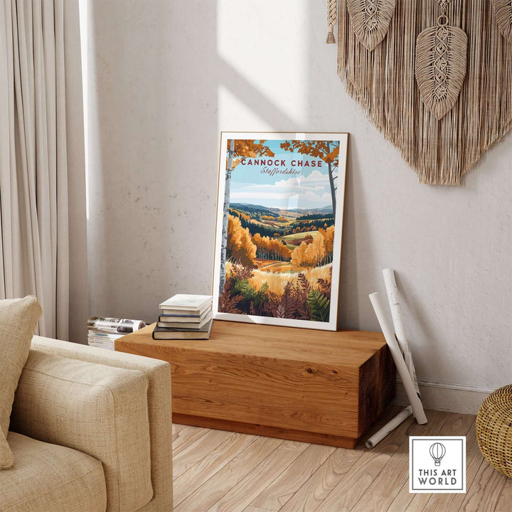 Cannock Chase travel print displayed in a cozy interior, showcasing vibrant autumn colors and scenic landscape.