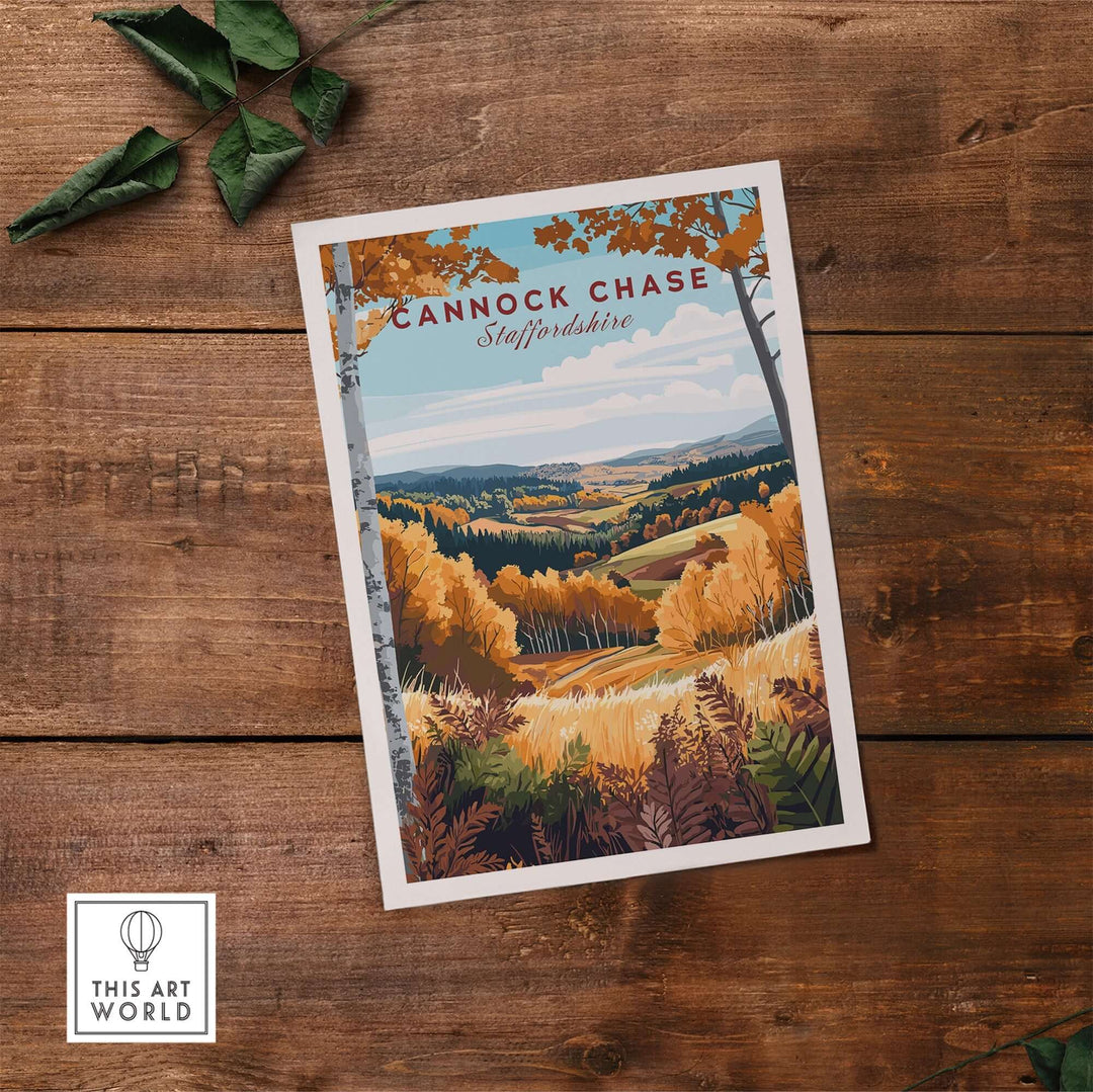 Cannock Chase travel print showcasing vibrant autumn colors and scenic landscapes of Staffordshire, perfect for home decor.