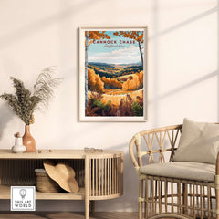 Cannock Chase Travel Print vibrant landscape art in a cozy living room setting with natural light.