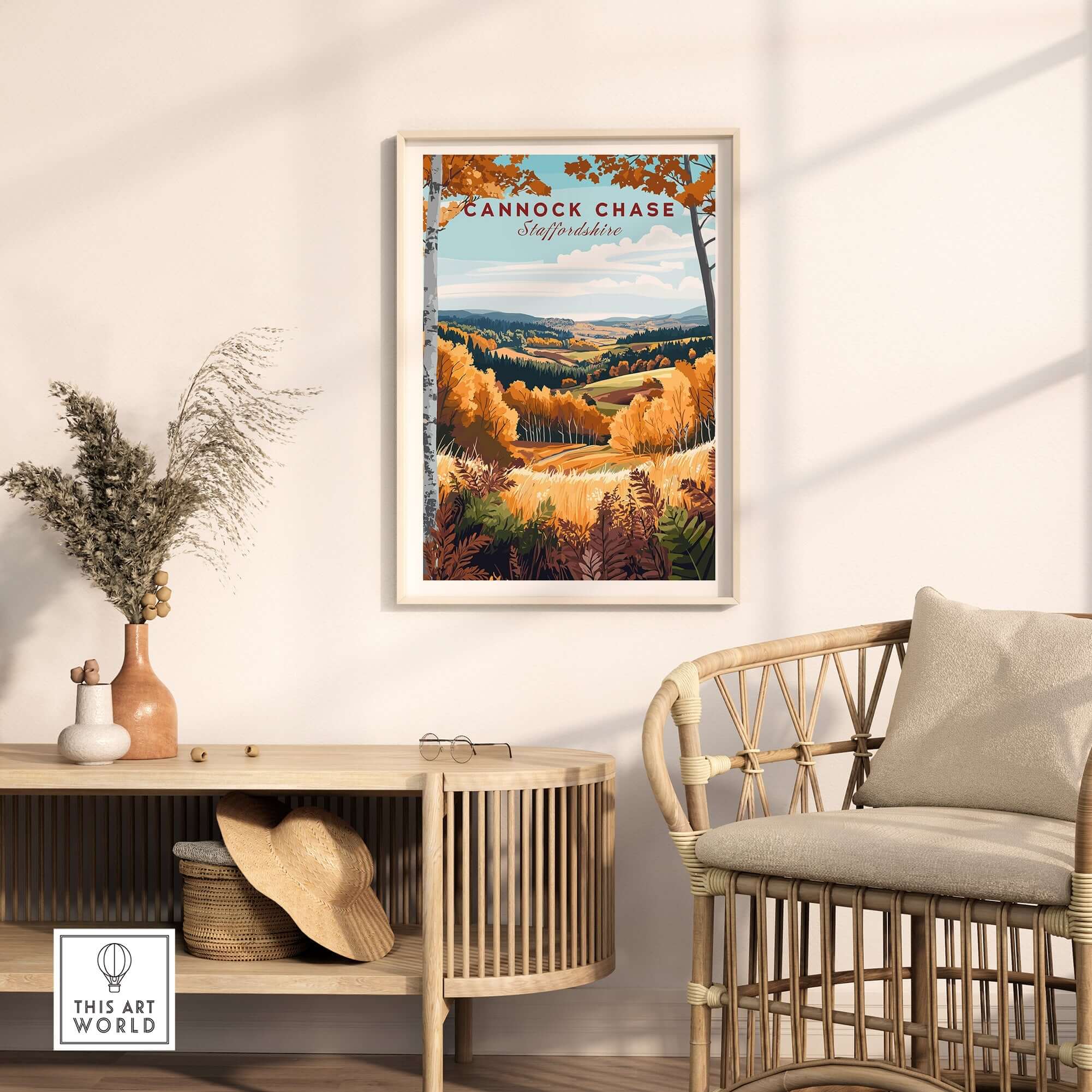 Cannock Chase Travel Print vibrant landscape art in a cozy living room setting with natural light.