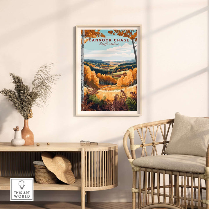 Cannock Chase travel print showcasing vibrant autumn landscapes in a stylish living room setting. Perfect for travel enthusiasts.