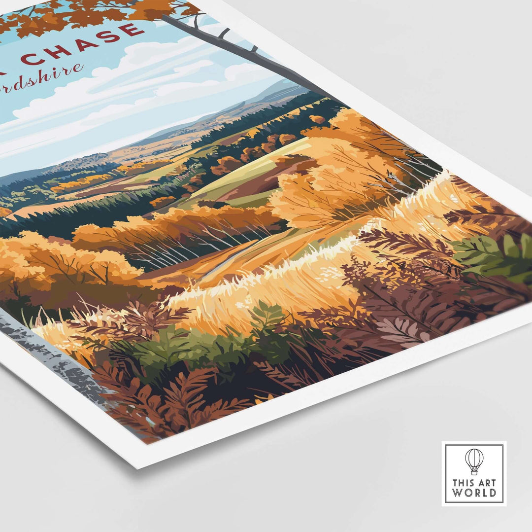 Vibrant Cannock Chase travel print showcasing autumn landscape, perfect for travel enthusiasts and home decor.