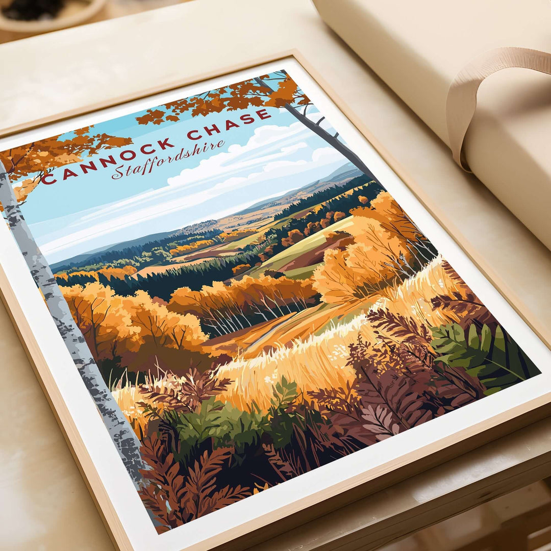 Cannock Chase travel print showcasing vibrant autumn landscapes and scenic views of Staffordshire. Perfect home decor for travel lovers.