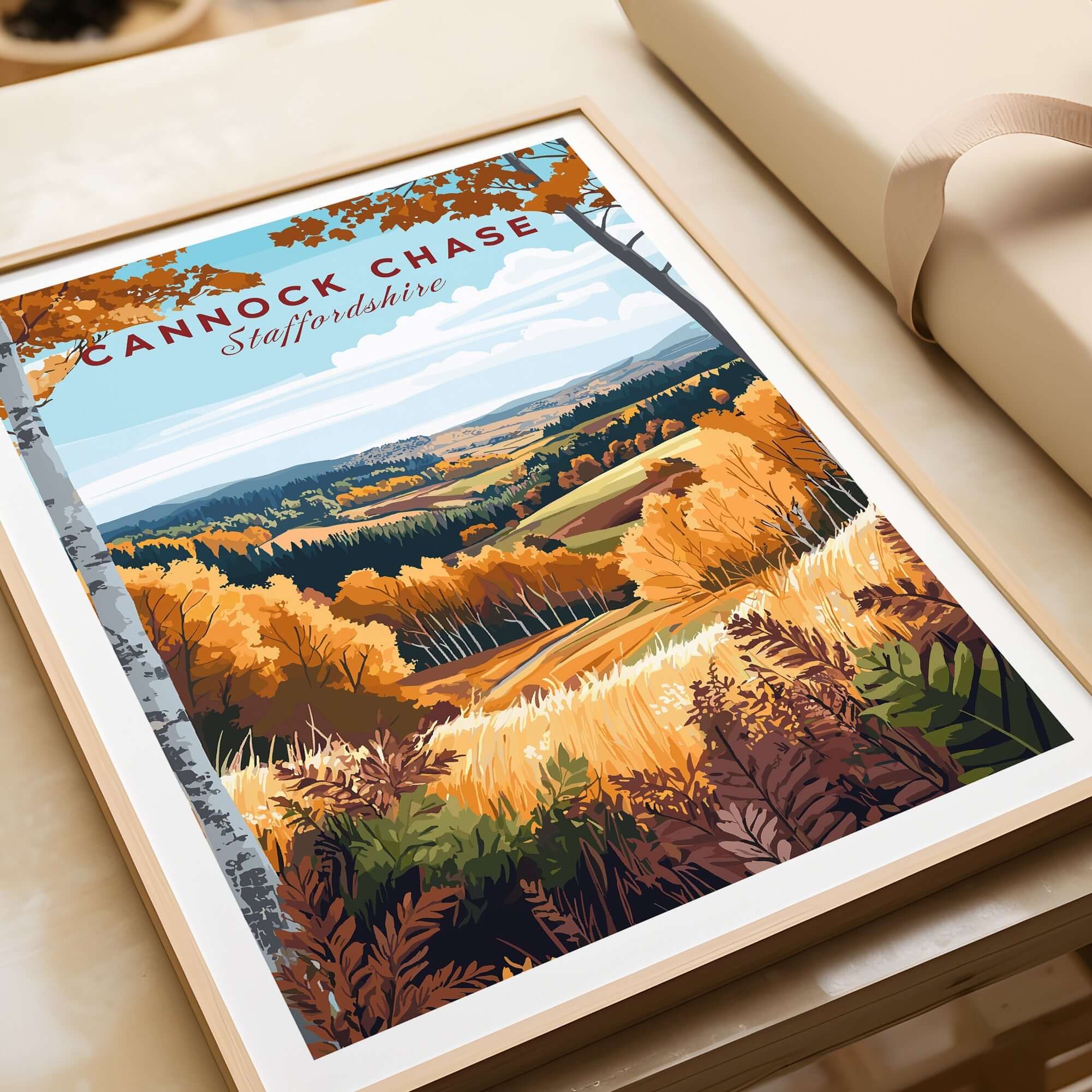 Cannock Chase Travel Print showcasing vibrant autumn landscape of Cannock Chase in Staffordshire.