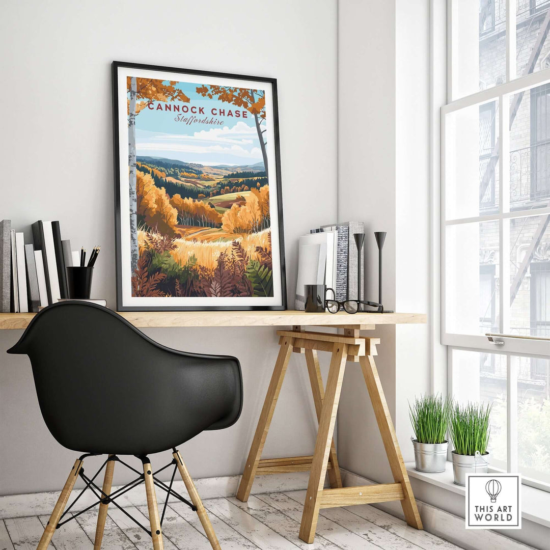 Cannock Chase travel print displayed in a stylish home office, showcasing vibrant autumn landscapes and inspiring adventure.