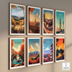 Colorful collection of travel prints including Cannock Chase Travel Print, showcasing stunning landscapes and cityscapes.