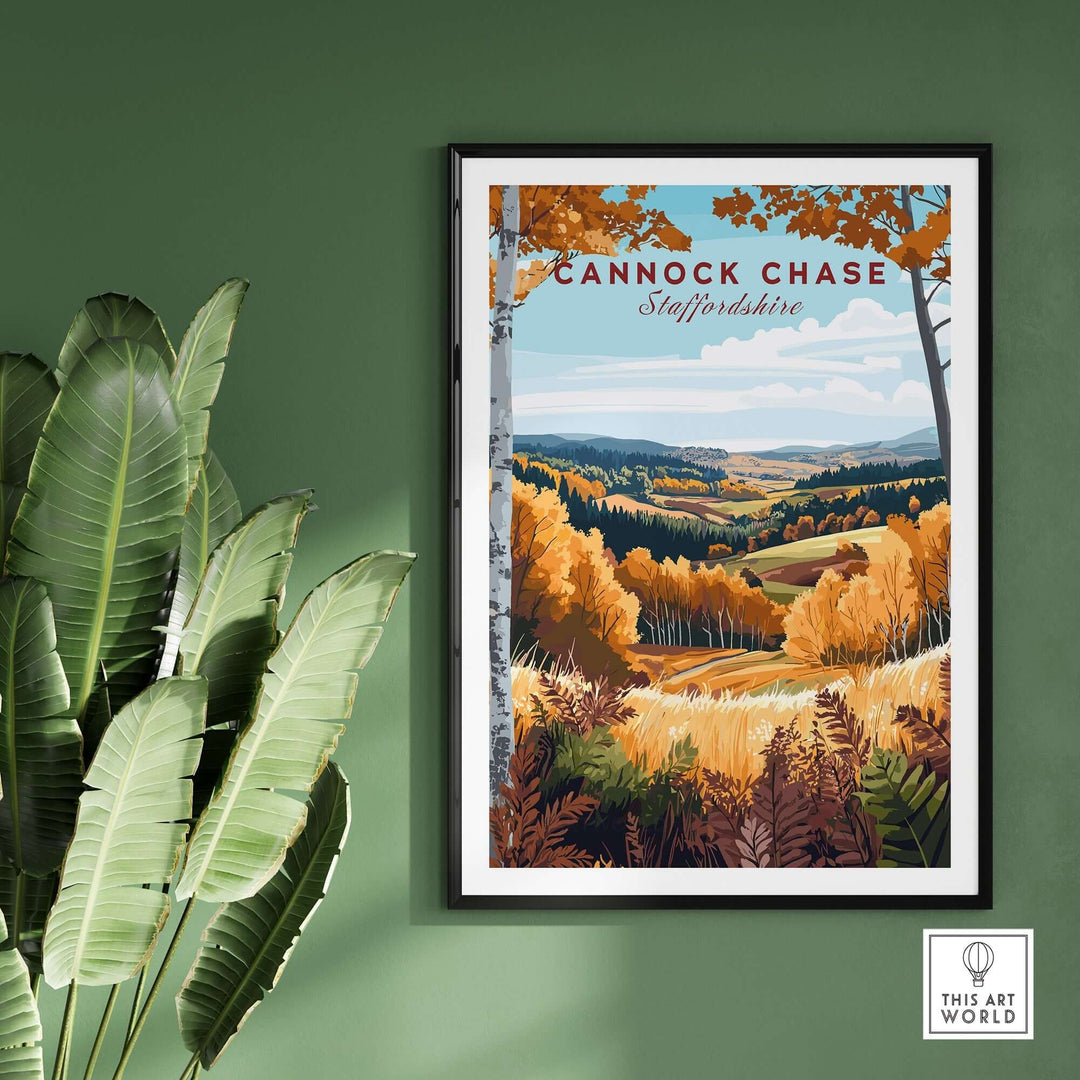 Cannock Chase travel print showcasing autumn landscape and vibrant colors, perfect for home decor or gifts.