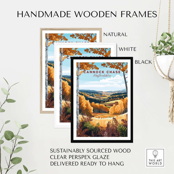 Three handmade wooden frames in natural, white, and black, showcasing a Cannock Chase travel print.