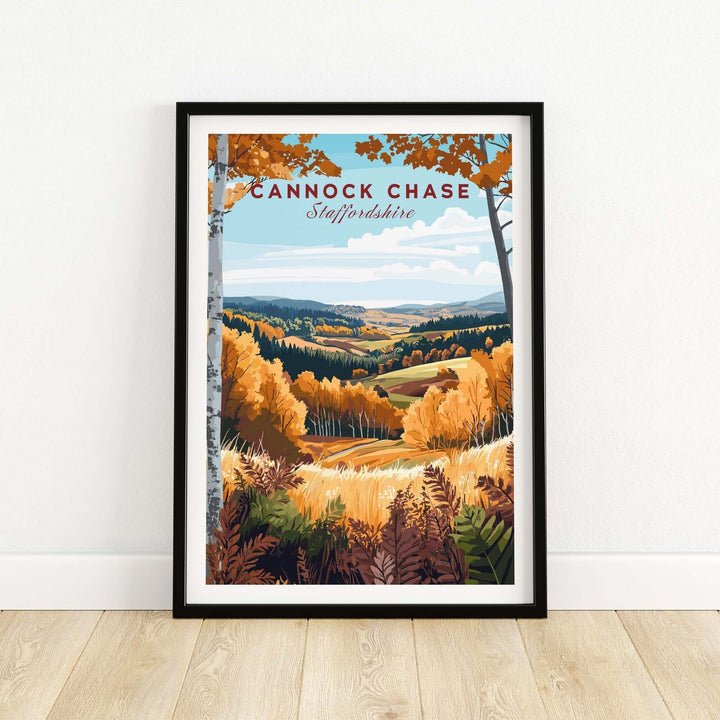 Cannock Chase travel print showcasing vibrant autumn landscape in Staffordshire, perfect for home decor and travel enthusiasts.