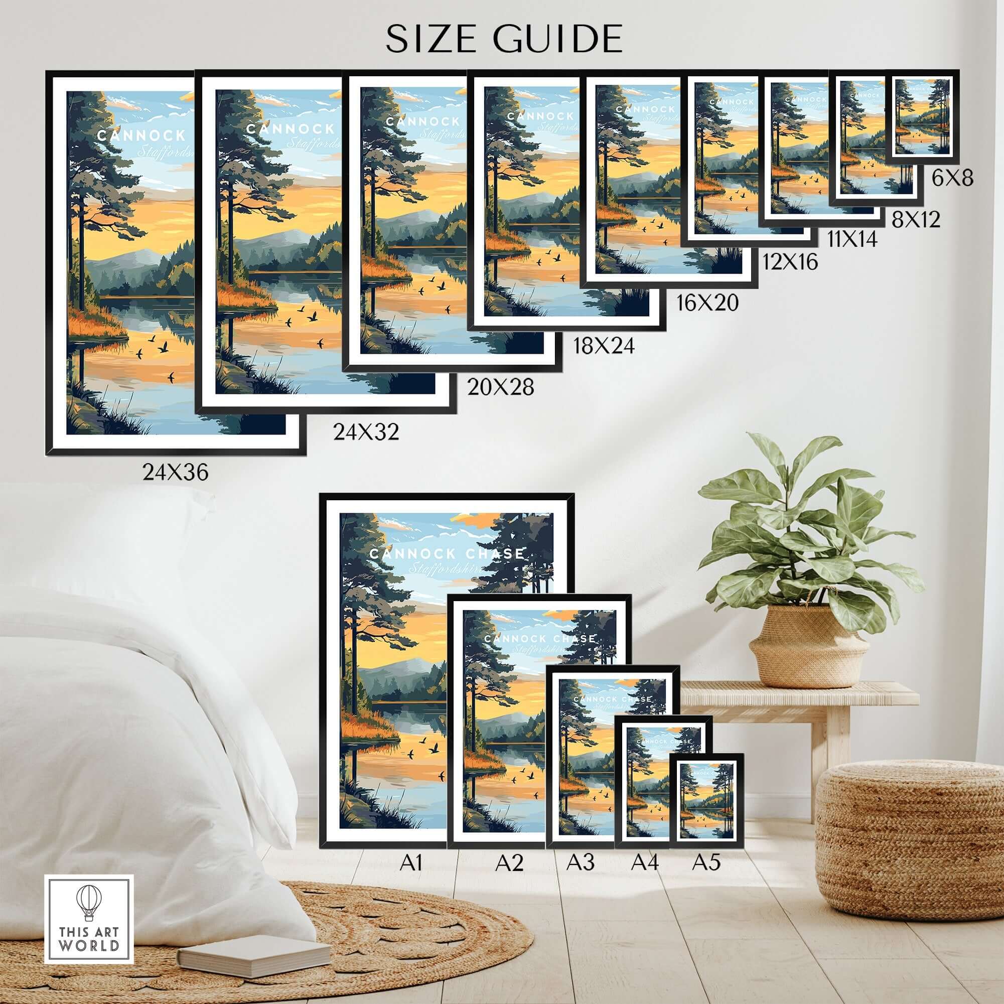 Size guide for Cannock Chase Wall Art showcasing various frame dimensions in a stylish home setting.