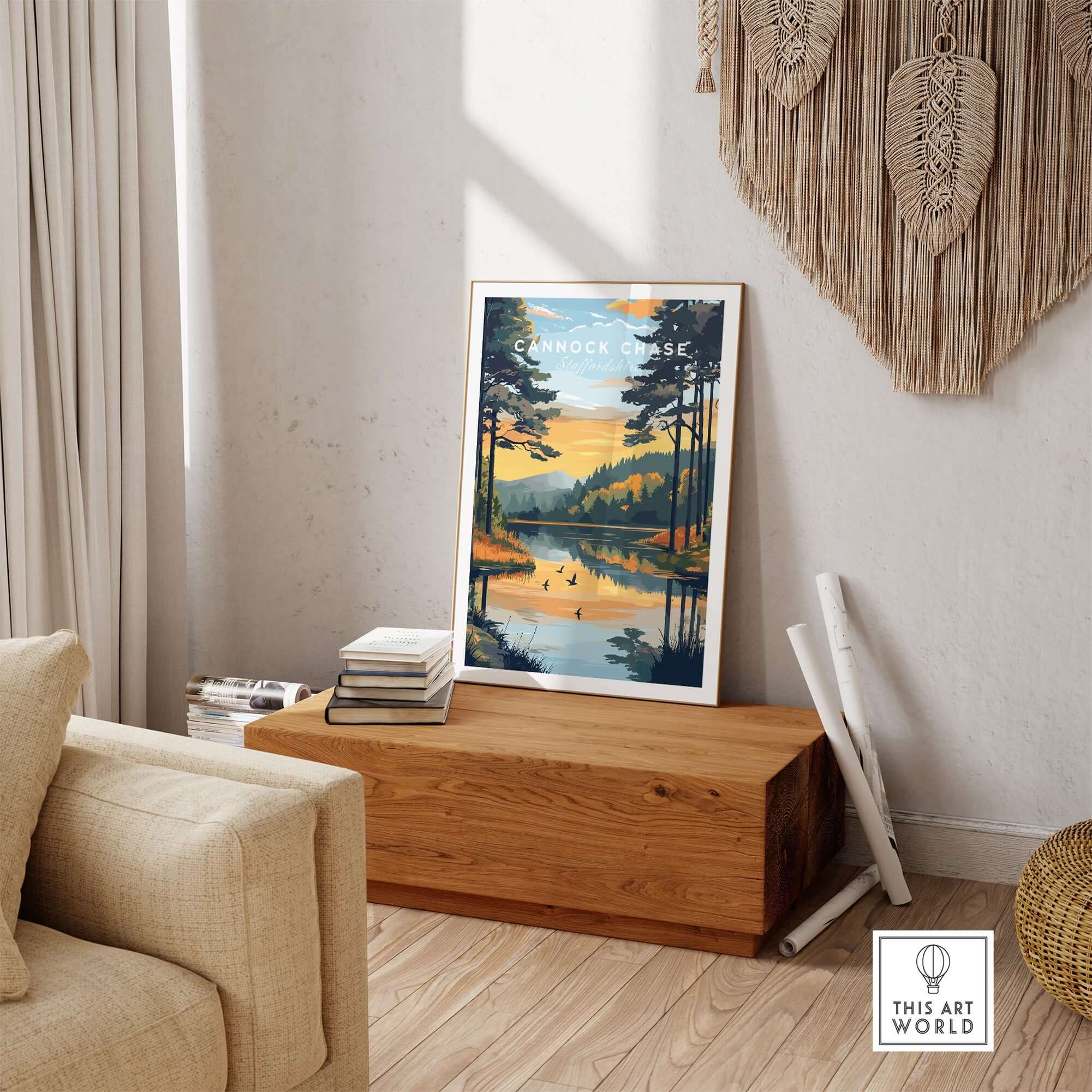 Cannock Chase Wall Art featuring serene landscapes and vibrant colors in a beautifully decorated living space.