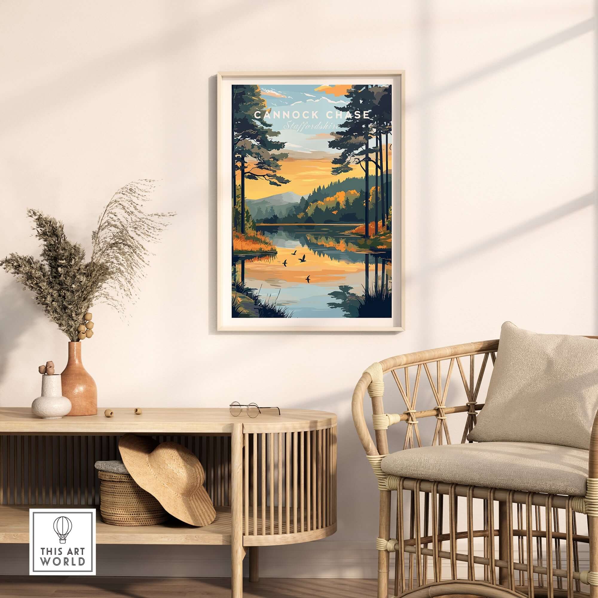 Cannock Chase Wall Art showcasing a serene landscape with trees and a tranquil lake, perfect for home decor.