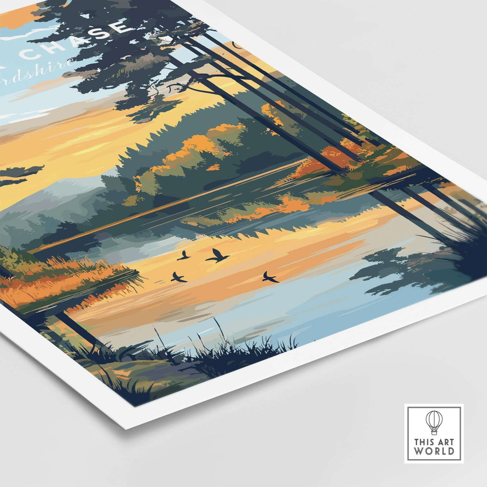 Cannock Chase Wall Art featuring serene landscape with trees and lake at sunset, ideal for home decor and relaxation.