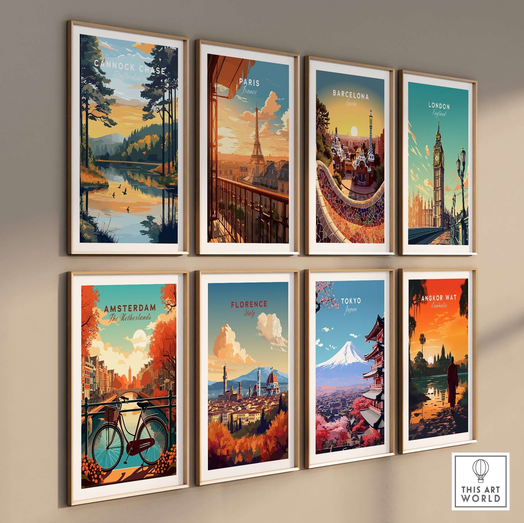 Cannock Chase Wall Art displayed among other city-themed wall art pieces in a stylish gallery arrangement.
