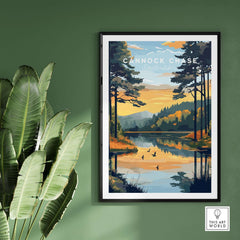 Cannock Chase Wall Art featuring a serene landscape of trees and a peaceful lake at sunset.