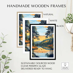 Handmade wooden frames for Cannock Chase Wall Art in natural, white, and black finishes, ready to hang.