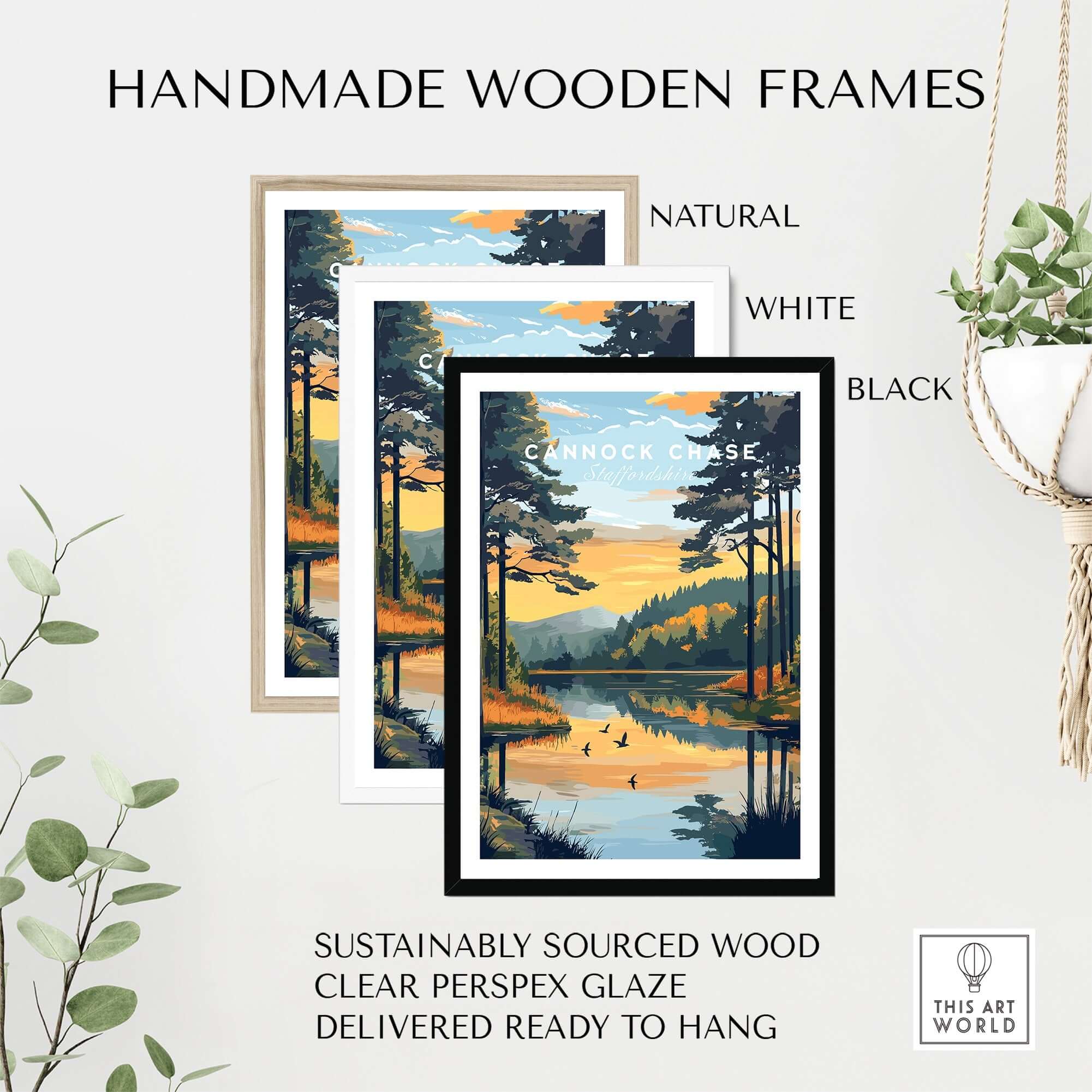 Handmade wooden frames for Cannock Chase Wall Art in natural, white, and black finishes, ready to hang.