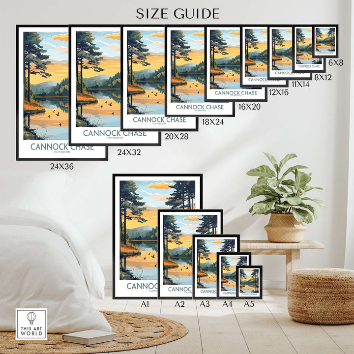 Size guide for Cannock Chase wall art poster, displaying various frame dimensions for home decor options.