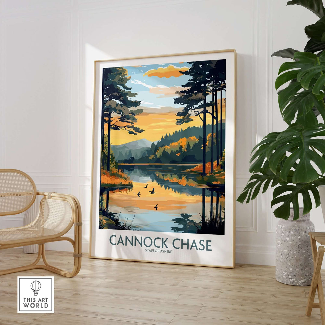 Cannock Chase wall art poster in a modern living room, showcasing vibrant nature with trees and serene lake reflections.