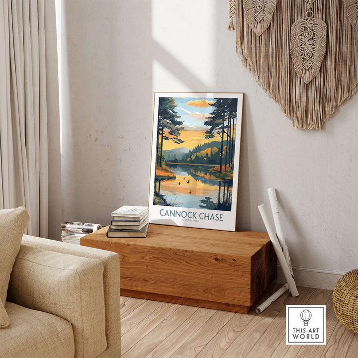 Cannock Chase wall art poster displayed in a cozy living room, showcasing vibrant colors and natural beauty.