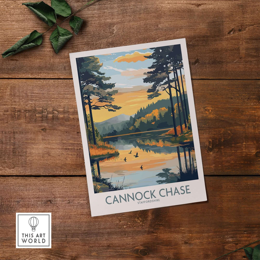 Cannock Chase wall art poster showcasing vibrant landscape with trees and lake, perfect for home decor.