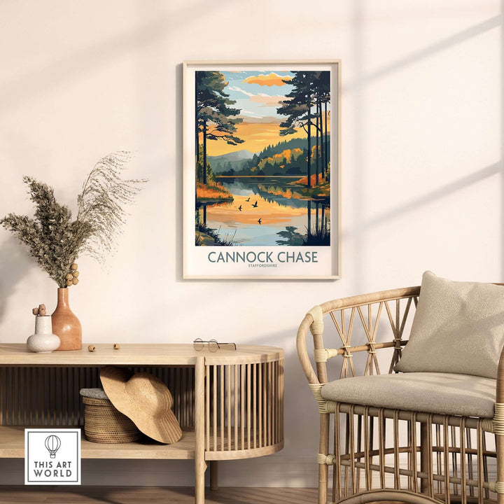 Cannock Chase wall art poster displayed in a stylish room, showcasing vibrant colors and serene natural scenery.