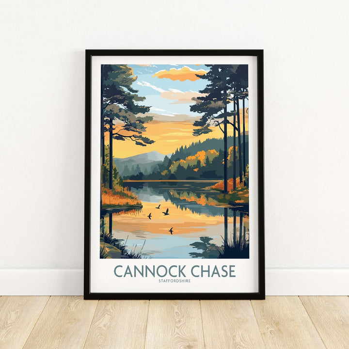 Cannock Chase wall art poster featuring vibrant landscape and serene lake scene, perfect for home decor.