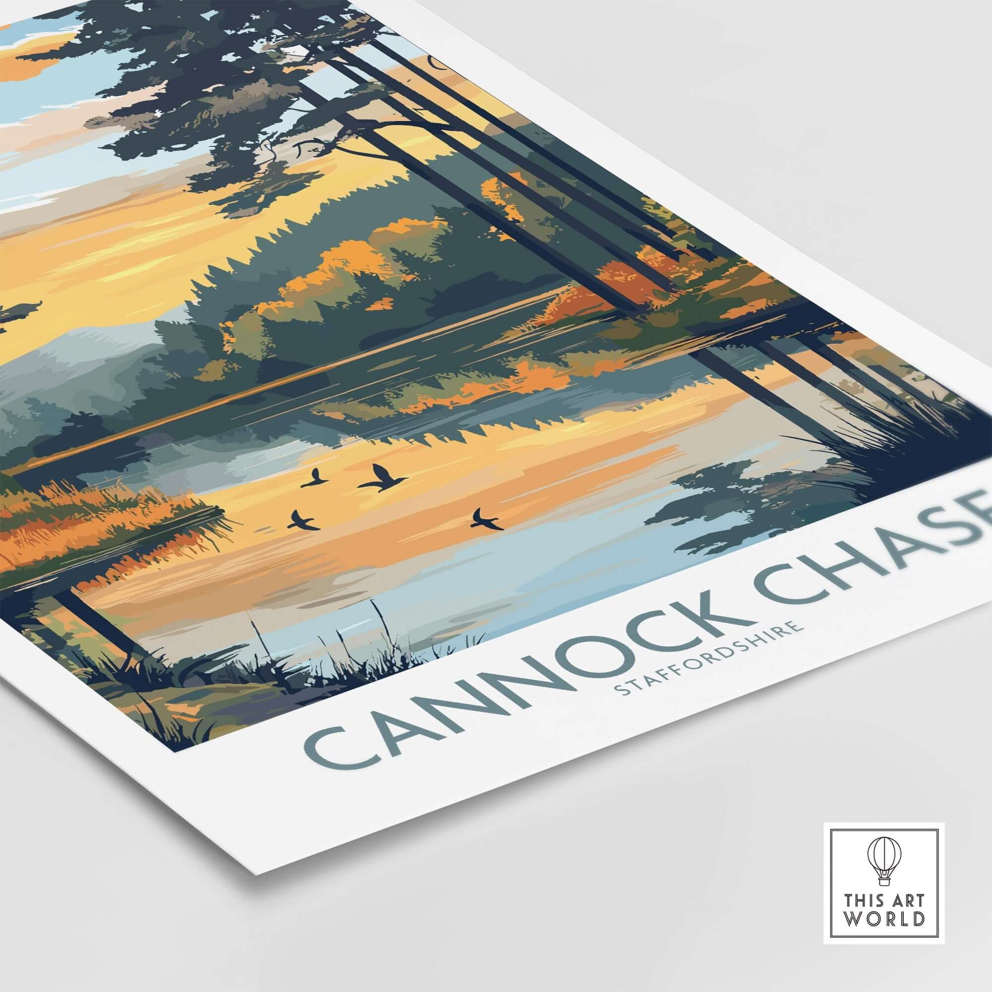 Cannock Chase Wall Art Poster showcasing vibrant landscape with trees and lake at sunset, perfect for home decor.