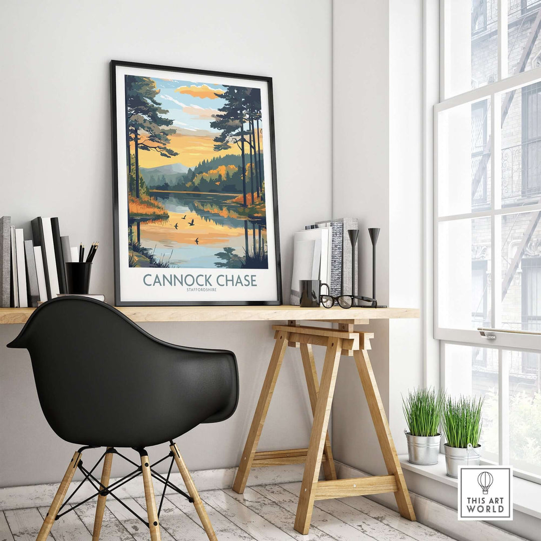 Cannock Chase wall art poster displayed in a modern workspace, showcasing vibrant colors and natural scenery.