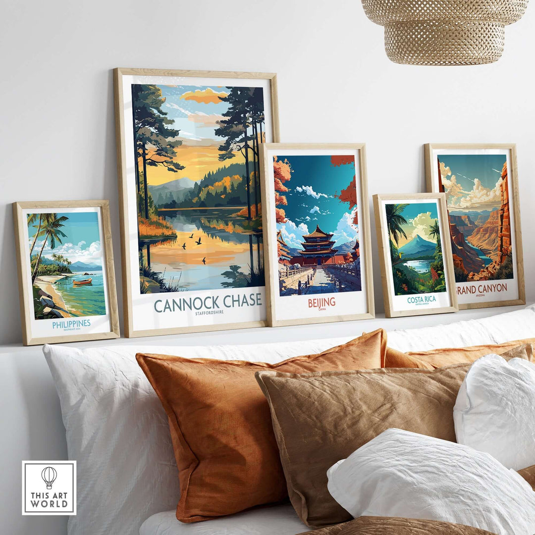 Cannock Chase wall art poster surrounded by travel-themed posters, enhancing home decor with vibrant nature scenes.