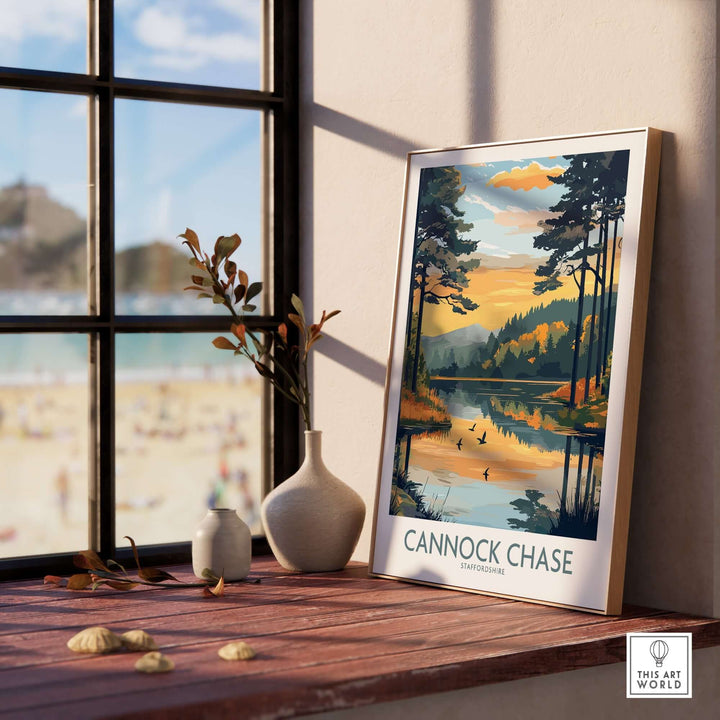 Cannock Chase wall art poster displayed on a wooden shelf near a window, showcasing vibrant nature scenery and tranquility.