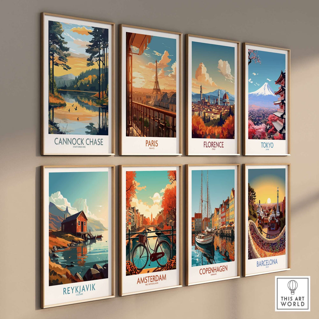 Vibrant wall art posters featuring landscapes from Cannock Chase, Paris, Florence, Tokyo, and more, enhancing modern home decor.