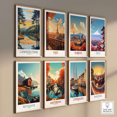 Cannock Chase Wall Art Poster displayed among various city-themed posters, showcasing vibrant colors and scenic beauty.