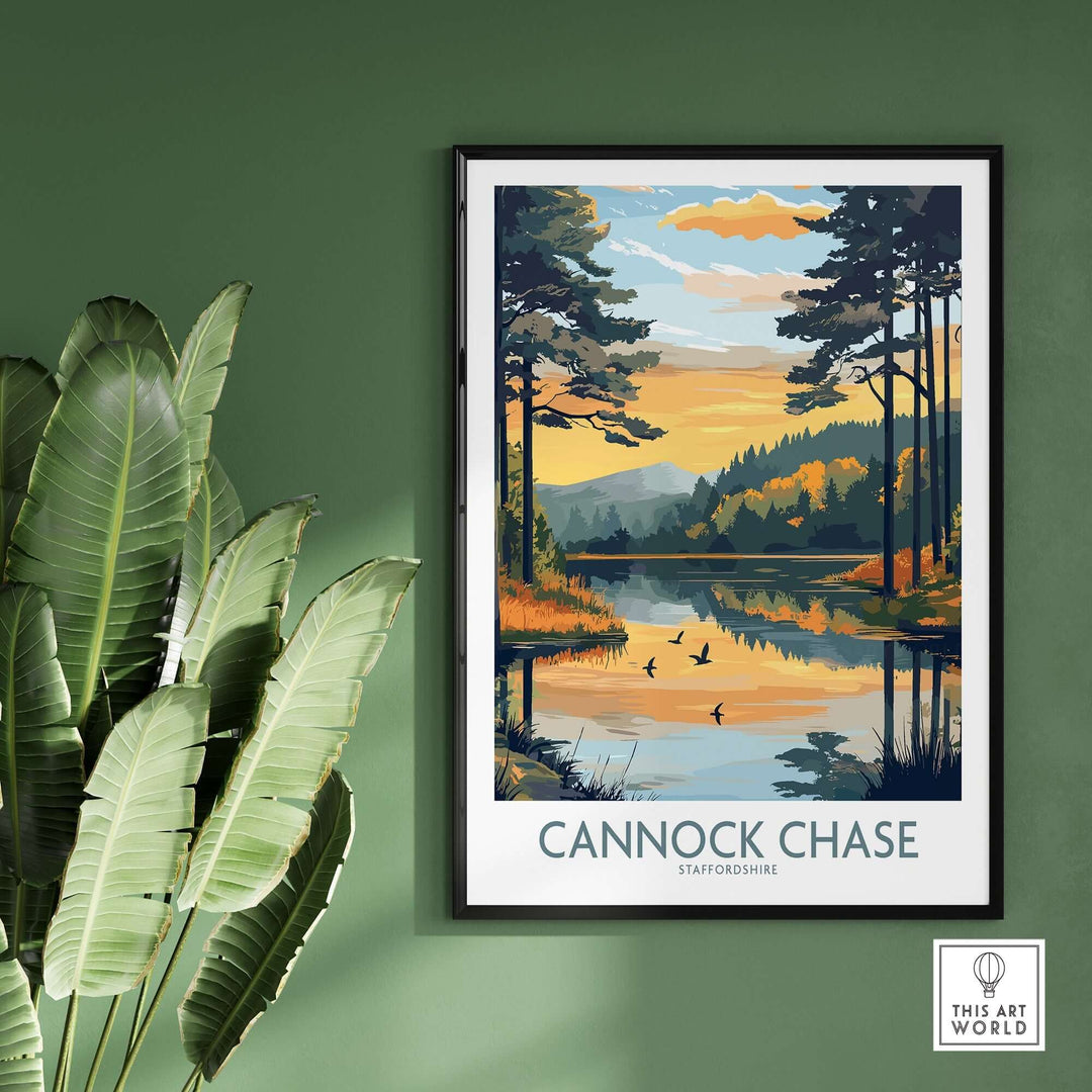 Cannock Chase wall art poster featuring vibrant nature scene with trees and serene lake on green wall.