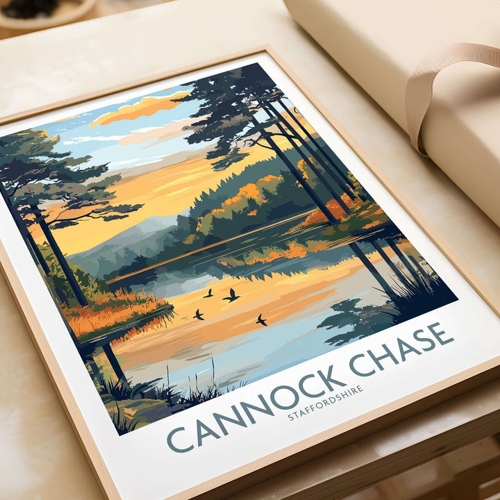 Cannock Chase wall art poster featuring vibrant colors, trees, and a tranquil lake scene capturing nature's beauty.