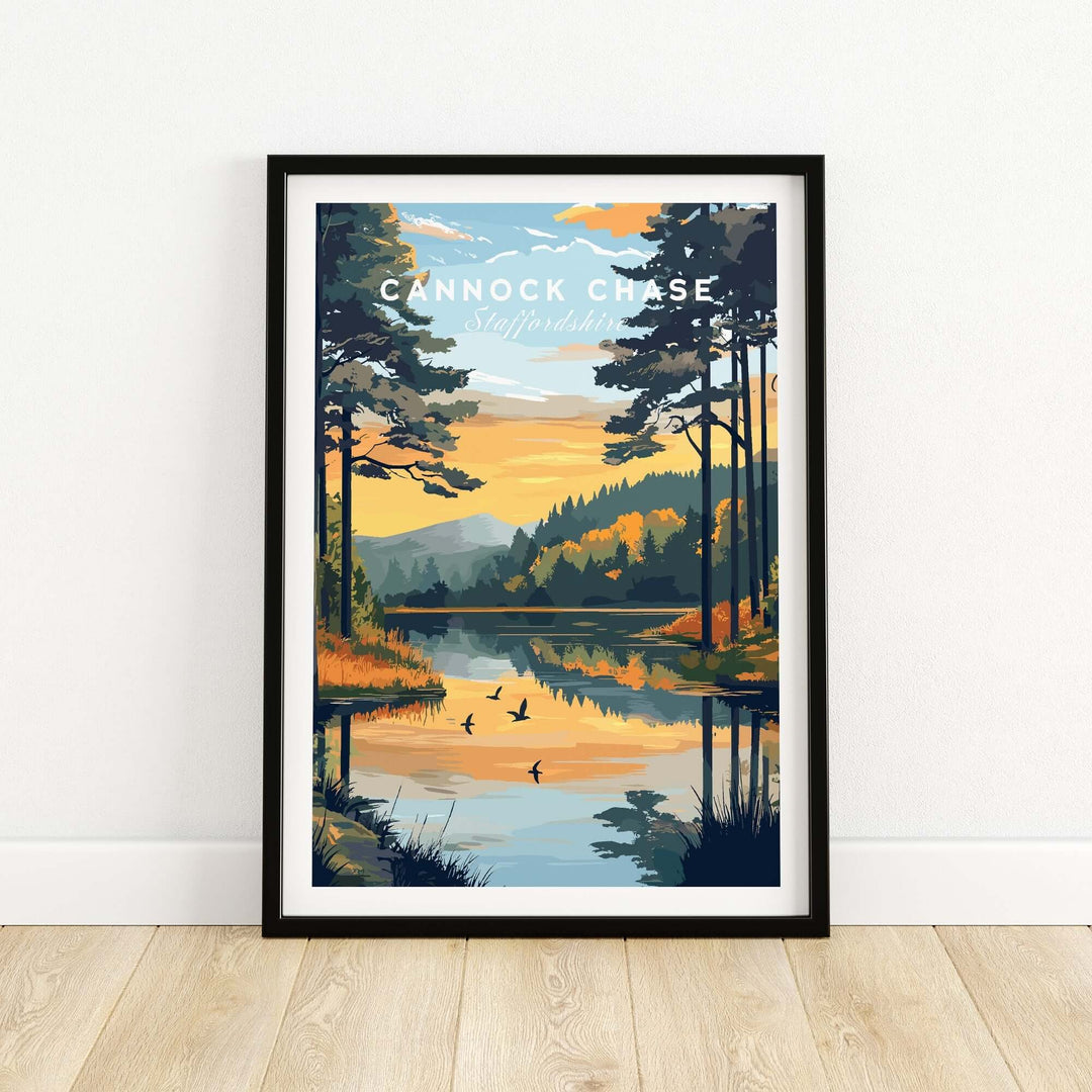 Cannock Chase Wall Art depicting serene landscape with trees, sunset, and lake, perfect for home decor and relaxation.