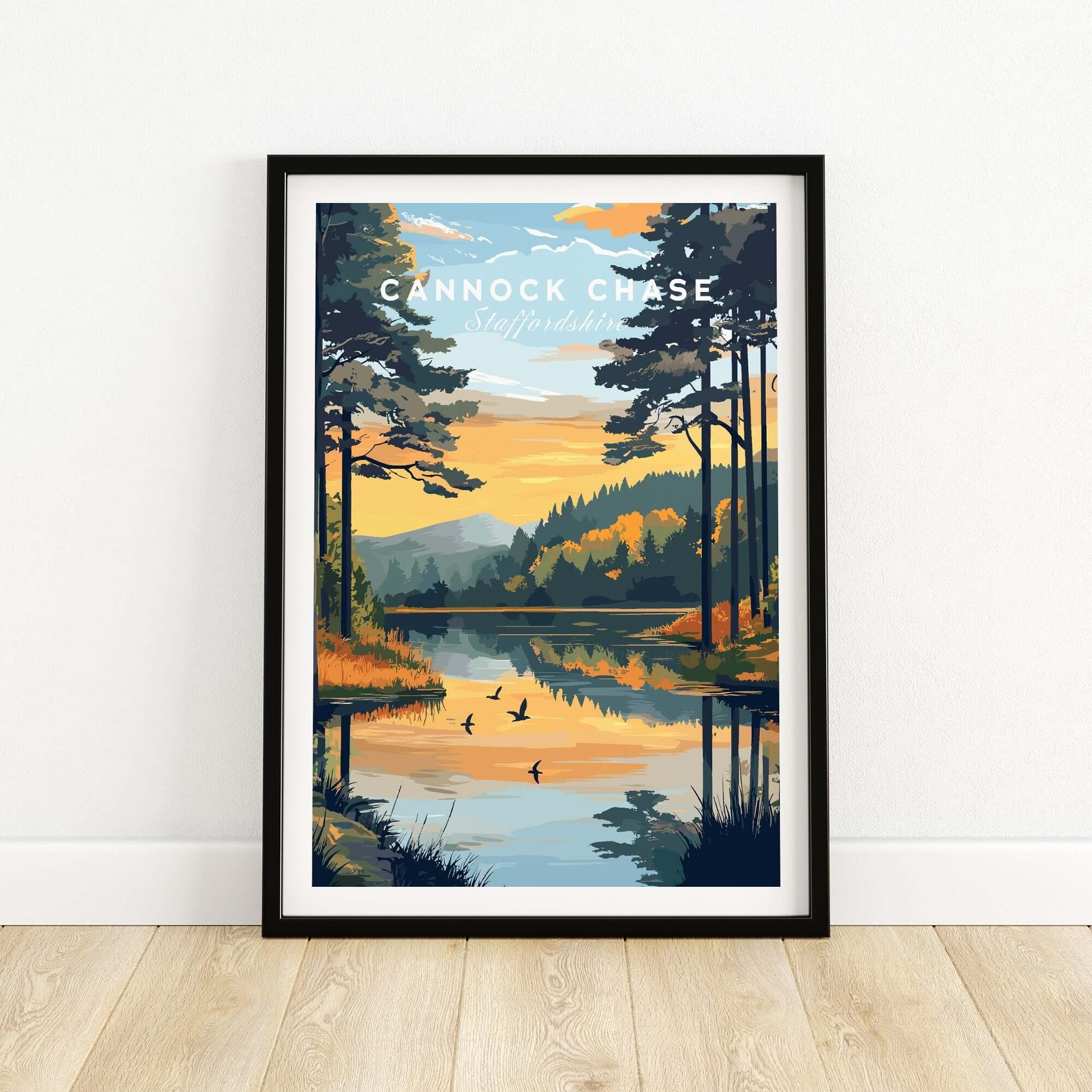 Cannock Chase Wall Art showcasing vibrant nature landscape with trees and serene lake reflection.