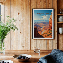 Framed Canyonlands National Park art print on wood wall in rustic kitchen setting