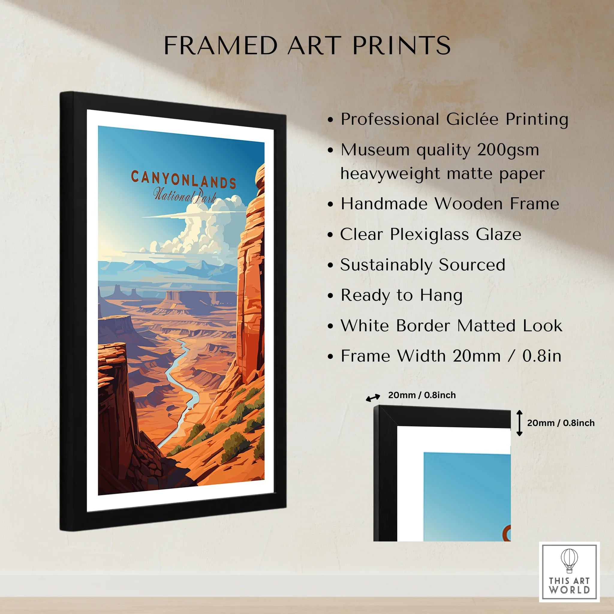 Framed Canyonlands National Park art print with black wooden frame and white mat border