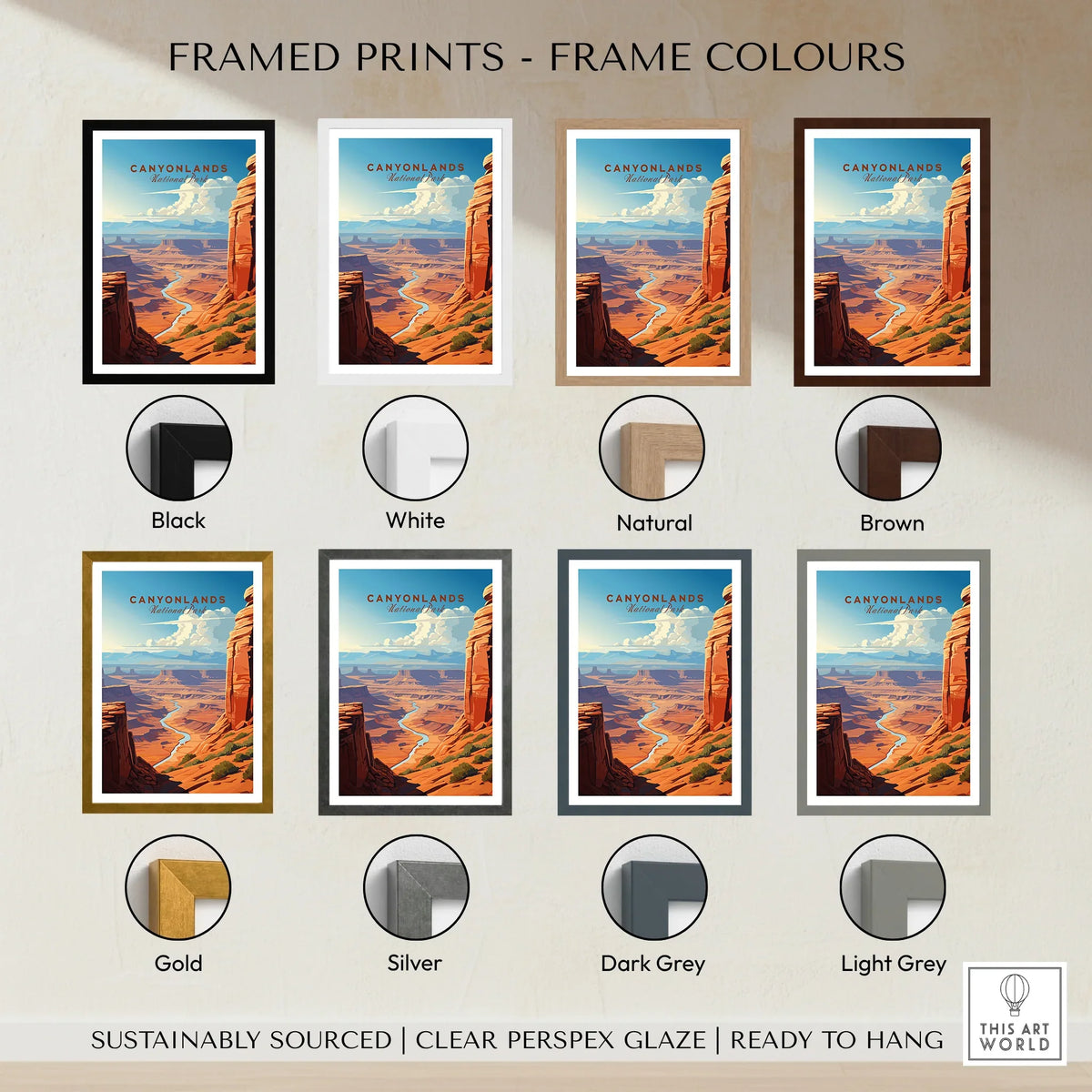 Canyonlands National Park art print with various frame color options, travel poster wall art