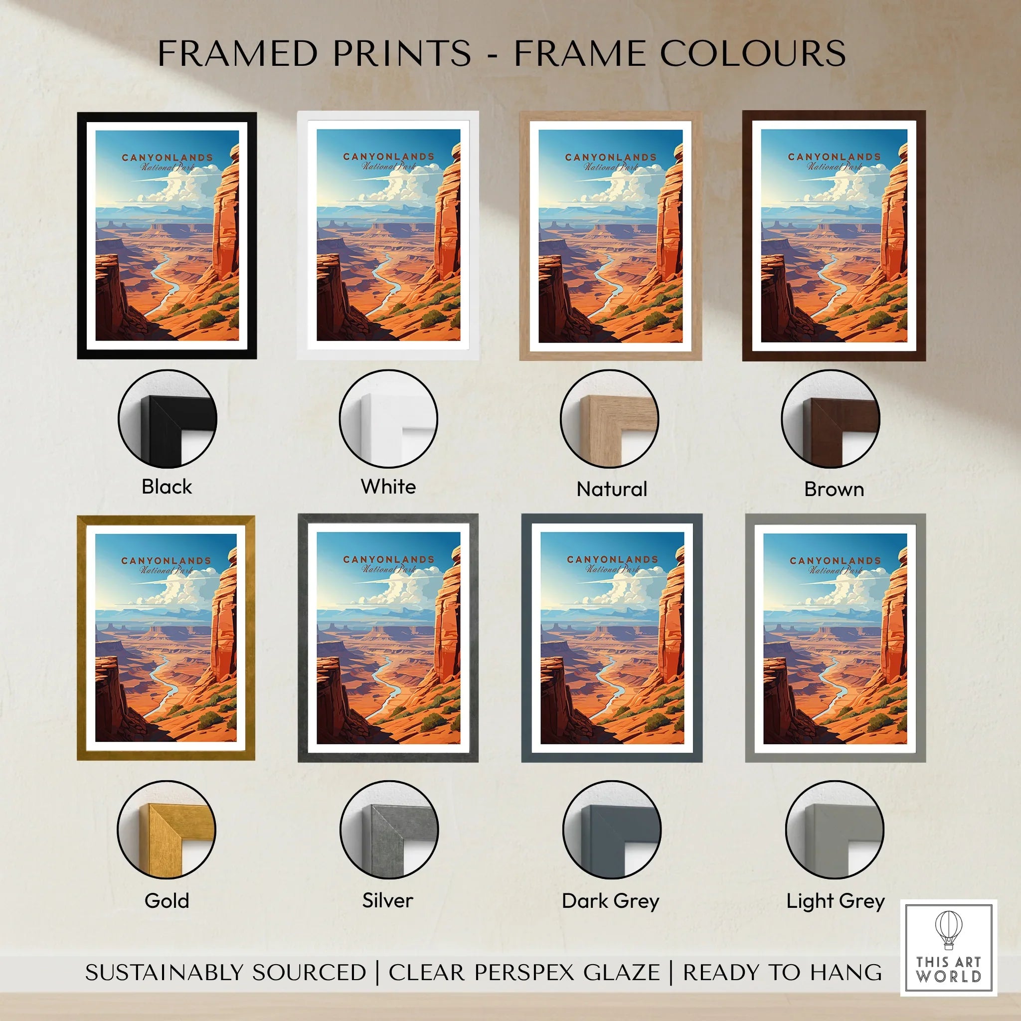 Canyonlands National Park art print with various frame color options, travel poster wall art