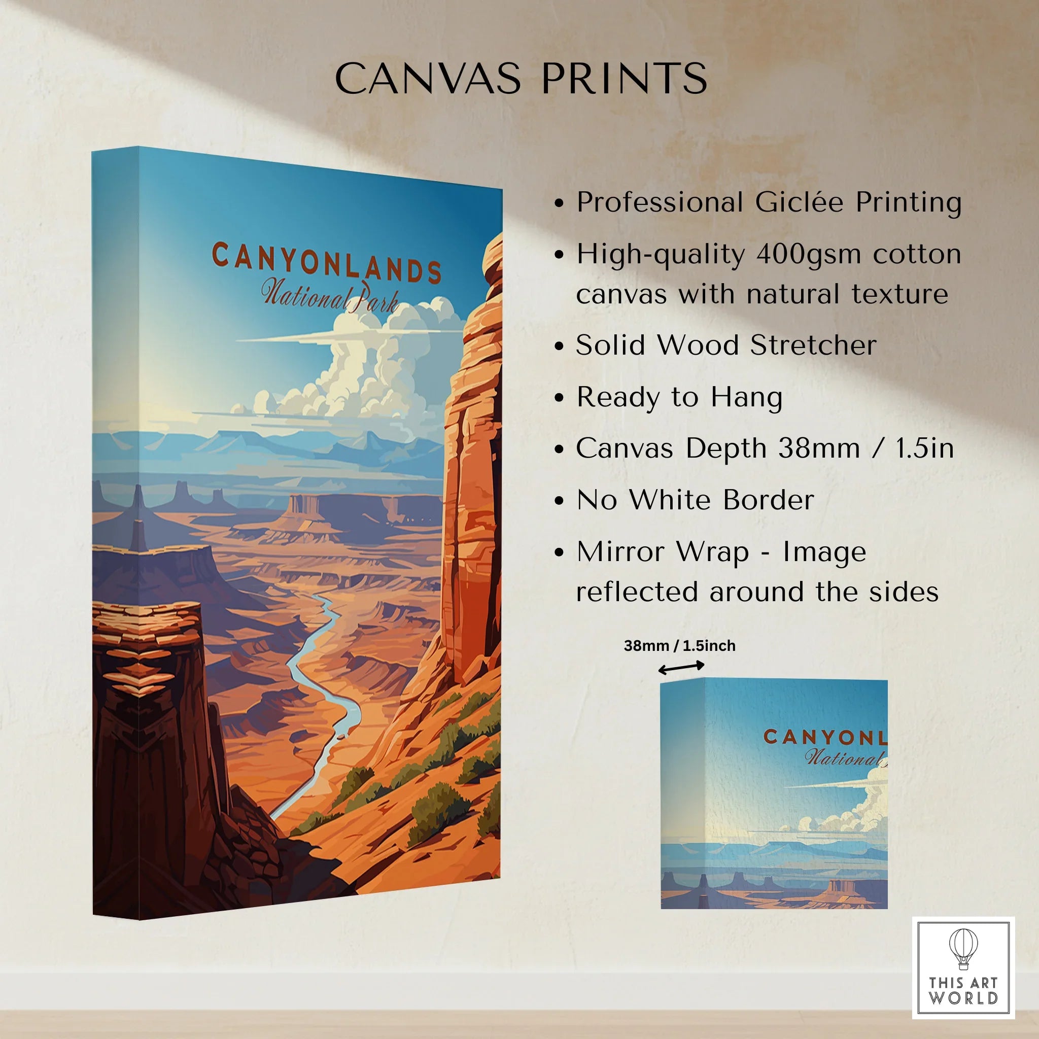 Canyonlands National Park canvas print, illustrated landscape wall art, stretched cotton canvas.